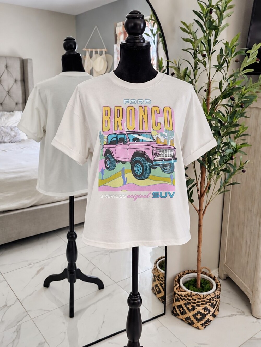 Ford Bronco Graphic Tee in White with Pink & Yellow Accents